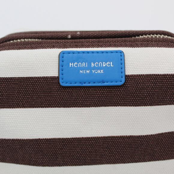 Henri Bendel Cosmetic Bag Brown White Striped Canvas Zip Pouch Travel Makeup - Picture 2 of 8